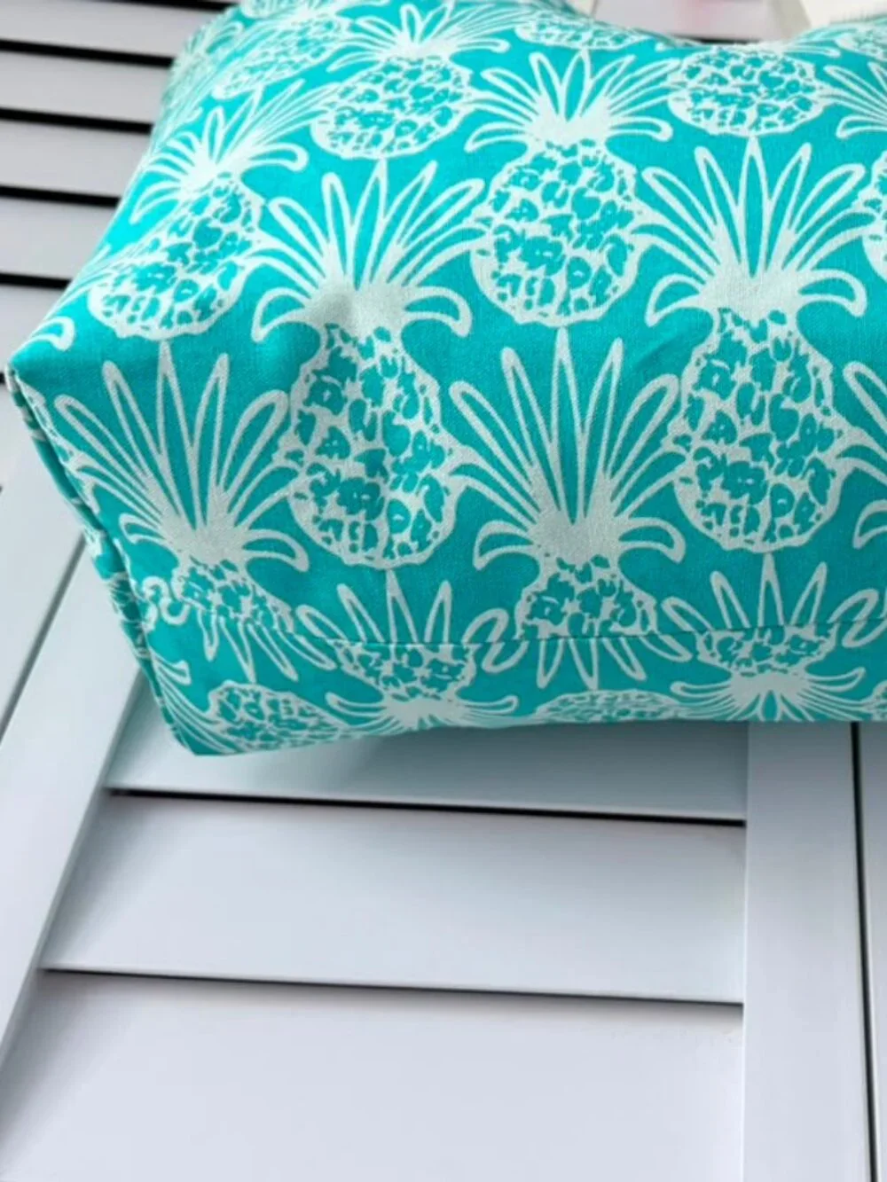 Bahama Hand Prints Pineapple Beach Tote Bag Aqua Canvas Large Shoulder Tote